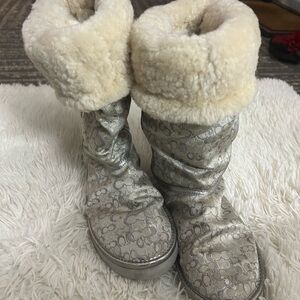 Coach Metallic Silver and Cream Fur Boots